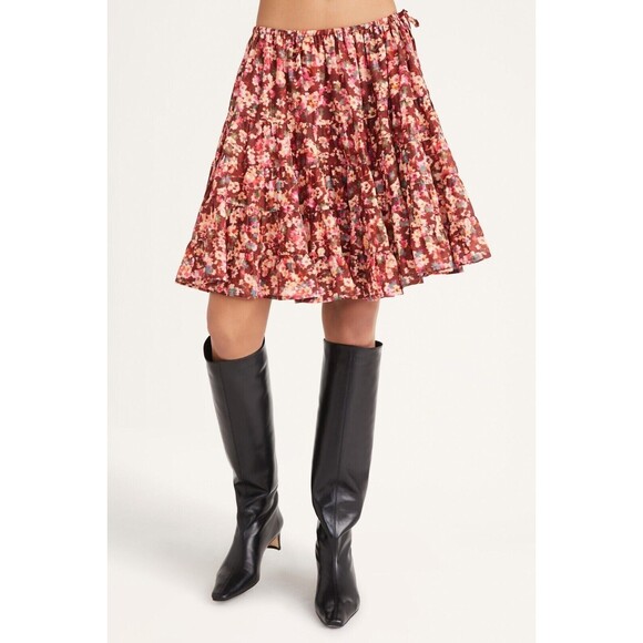 Merlette Hill Mini Skirt Floral Printed Tiered High Waisted Tie Cotton S 262616